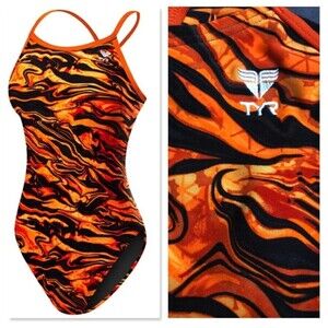 Womens 32 TYR Miramar Cutoutfit One Piece Swimsuit Black/Orange Durafast